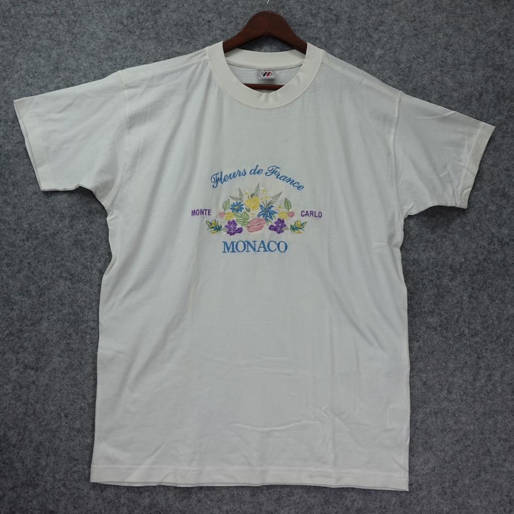 Monaco Monte Carlo Vintage T Shirt MEDIUM Floral Retro Travel Embroidered FRANCE